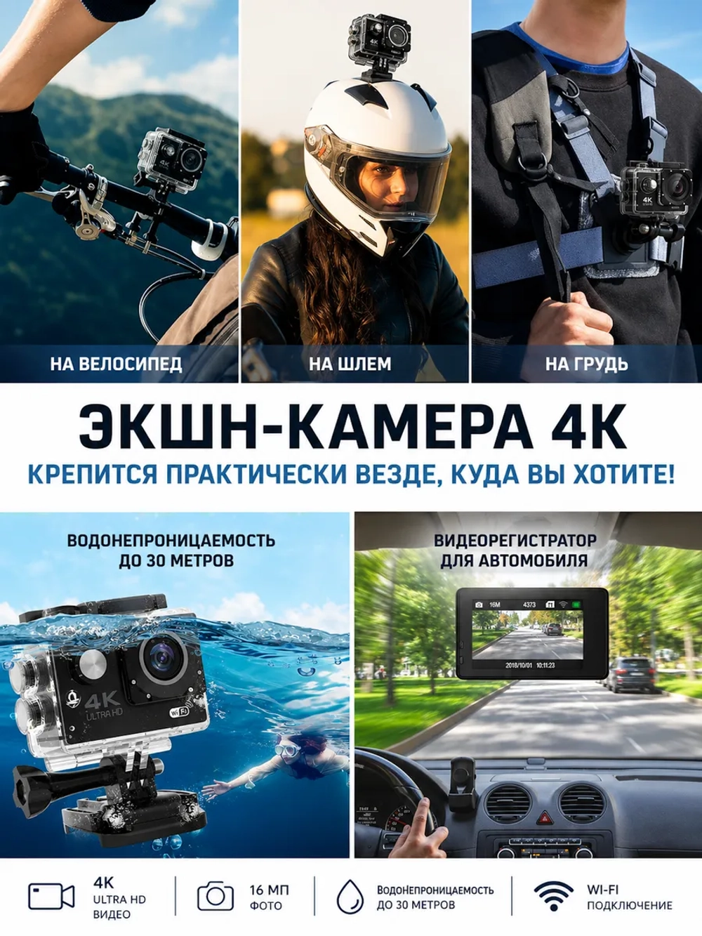 Экшн камера 4к с креплениями цифровая