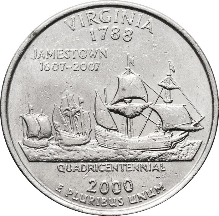 25 центов (1/4 доллара, квотер) 2000 США «Штат Вирджиния» (D)