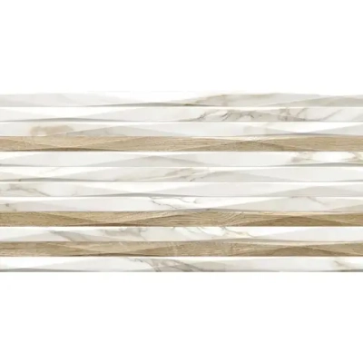 Настенная плитка Alma Ceramica TWU2550JNY14 Janey 24.9x50 белая / бежевая глянцевая / рельефная под мрамор / под дерево / полосы