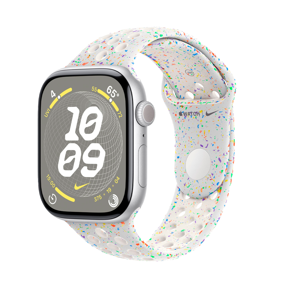 Умные часы Apple Watch Series 9 GPS, 41mm, Silver Aluminium Case with Nike Sport Band M/L, Pure Platinum (Серебристый) MR9M3