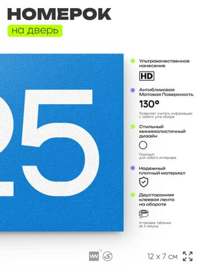 Номер на дверь 625, табличка на дверь для офиса, квартиры, кабинета, аудитории, склада, голубая 120х70 мм, Айдентика Технолоджи