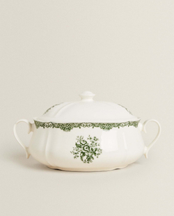 ZARA HOME СЕРВИРОВОЧНАЯ СУПНИЦА ИЗ ФАЯНСА С ЦВЕТОЧНЫМ УЗОРОМ, ОЛИВКОВЫЙ