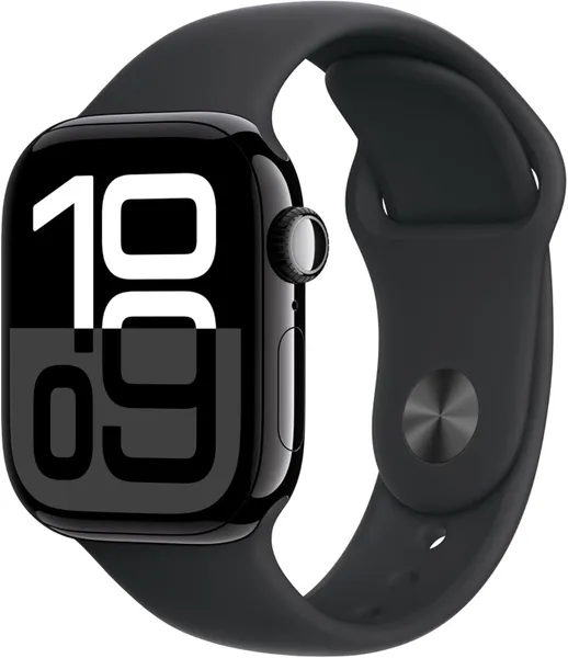 Умные часы Apple Watch Series 10 42 мм из алюминия цвета «чёрный глянец», спортивный ремешок черного цвета (S/M)