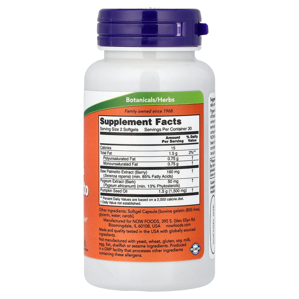 NOW Foods, Pygeum & Saw Palmetto, 60 мягких таблеток