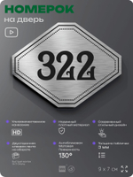 Номерок на дверь квартиры 322, для кабинета, офиса, шильдик 9 х 7 см, брашированная сталь, Айдентика Технолоджи