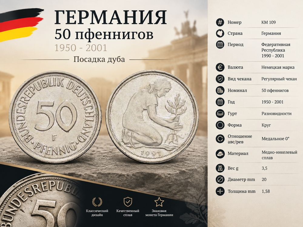 Германия 50 пфеннигов, 1991 F Посадка деревьев XF