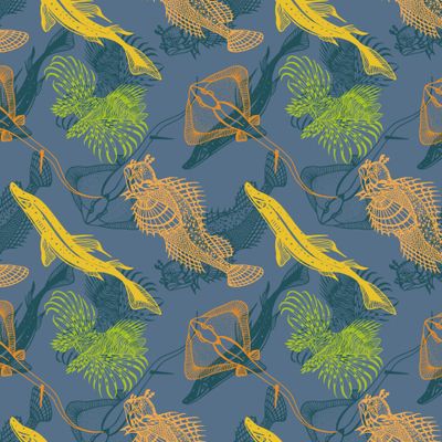 Marine animals seamless pattern.  Outline, hand drawing.