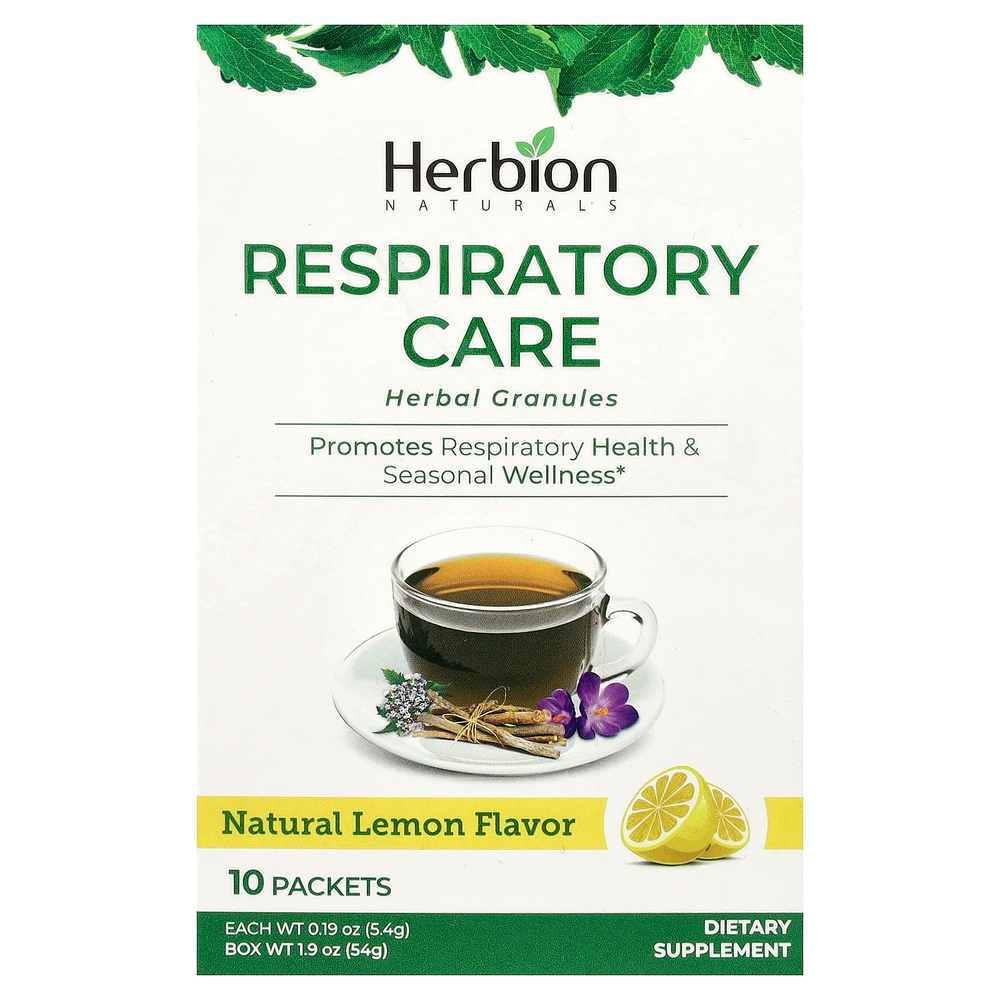 Herbion Naturals, здоровье дыхательной системы, травяные гранулы, натуральный лимонный вкус, 10 пакетиков по 5,4 г (0,19 унции)