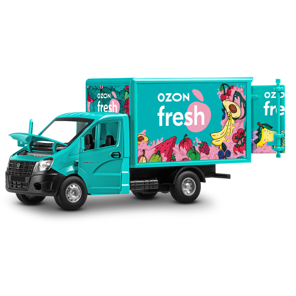 Модель 1:28 ГАЗель NEXT OZON fresh, ОЗОН-Фрэш, зеленый, откр. двери, задняя дверка фургона, свет, звук