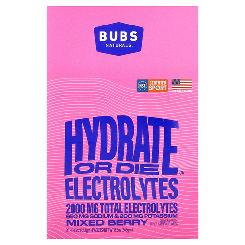 BUBS Naturals, Hydrate or Die®, смесь для приготовления электролитического напитка, со вкусом ягодного ассорти, 20 пакетиков по 12,3 г (0,43 унции)
