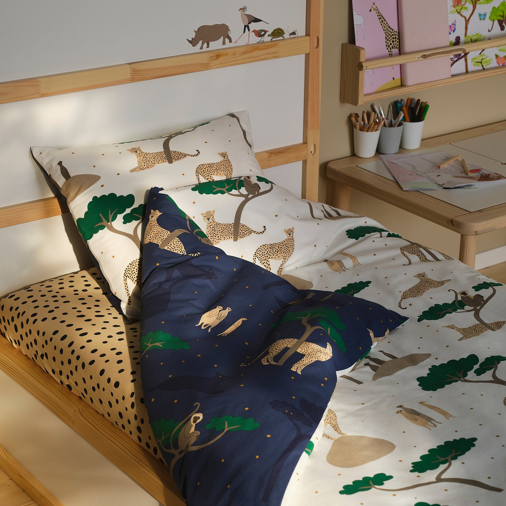 IKEA SANDLÖPARE  (ИКЕА САНДЛЁПАРЕ)  -  Пододеяльник и наволочка - белый тёмно-синий/саванна 150x200/50x60 см