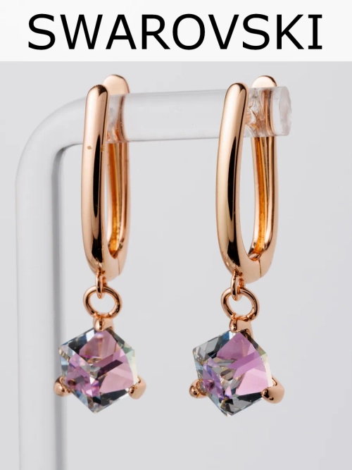 Серьги-подвески Миражи с сиреневым кубиком Swarovski