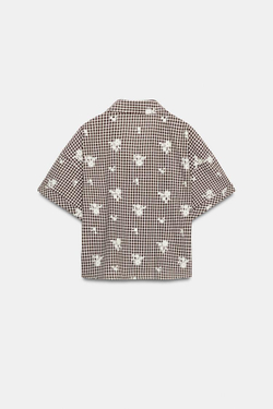 ZARA РУБАШКА В КЛЕТКУ С ВЫШИВКОЙ, КОРИЧНЕВЫЙ/ЭКРЮ
