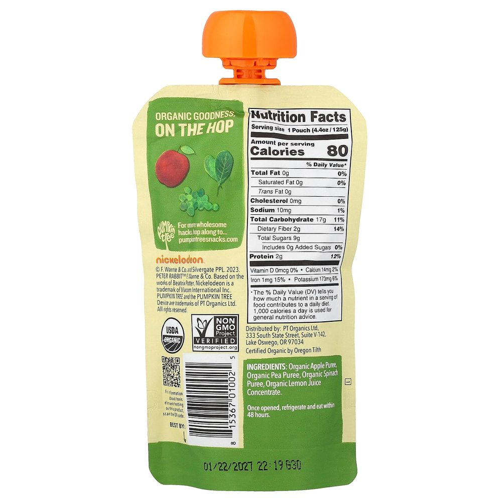 Pumpkin Tree Organics, Peter Rabbit Organics, органическое фруктовое и овощное пюре, яблоко, горох и шпинат, 125 г (4,4 унции)