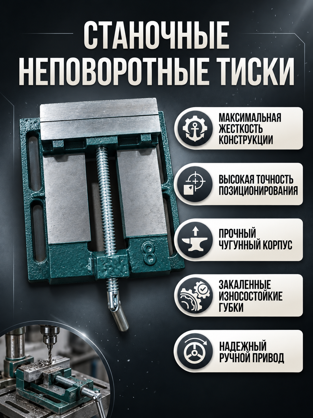 Тиски сверлильные 200 мм тип 1 станочные неповоротные