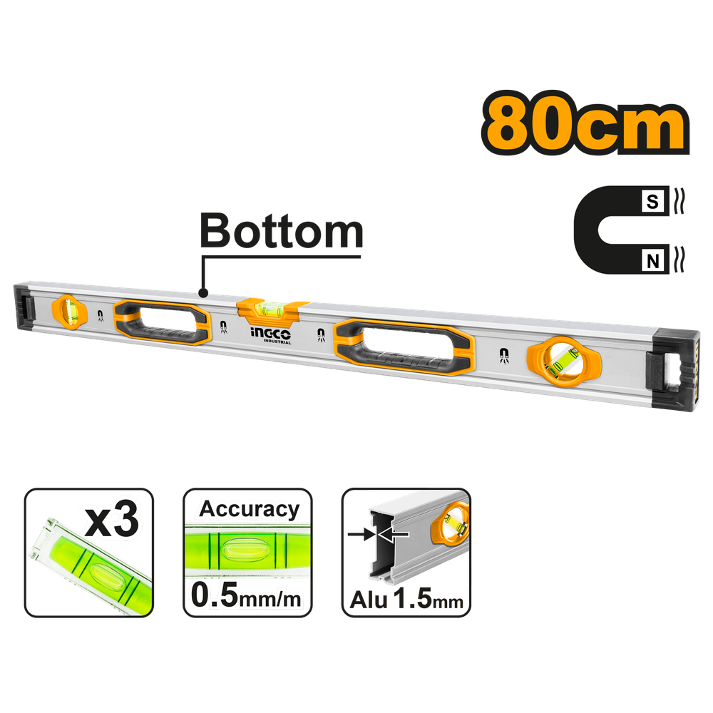 Строительный алюминиевый уровень магнитный INGCO HSL38080M INDUSTRIAL 80 см