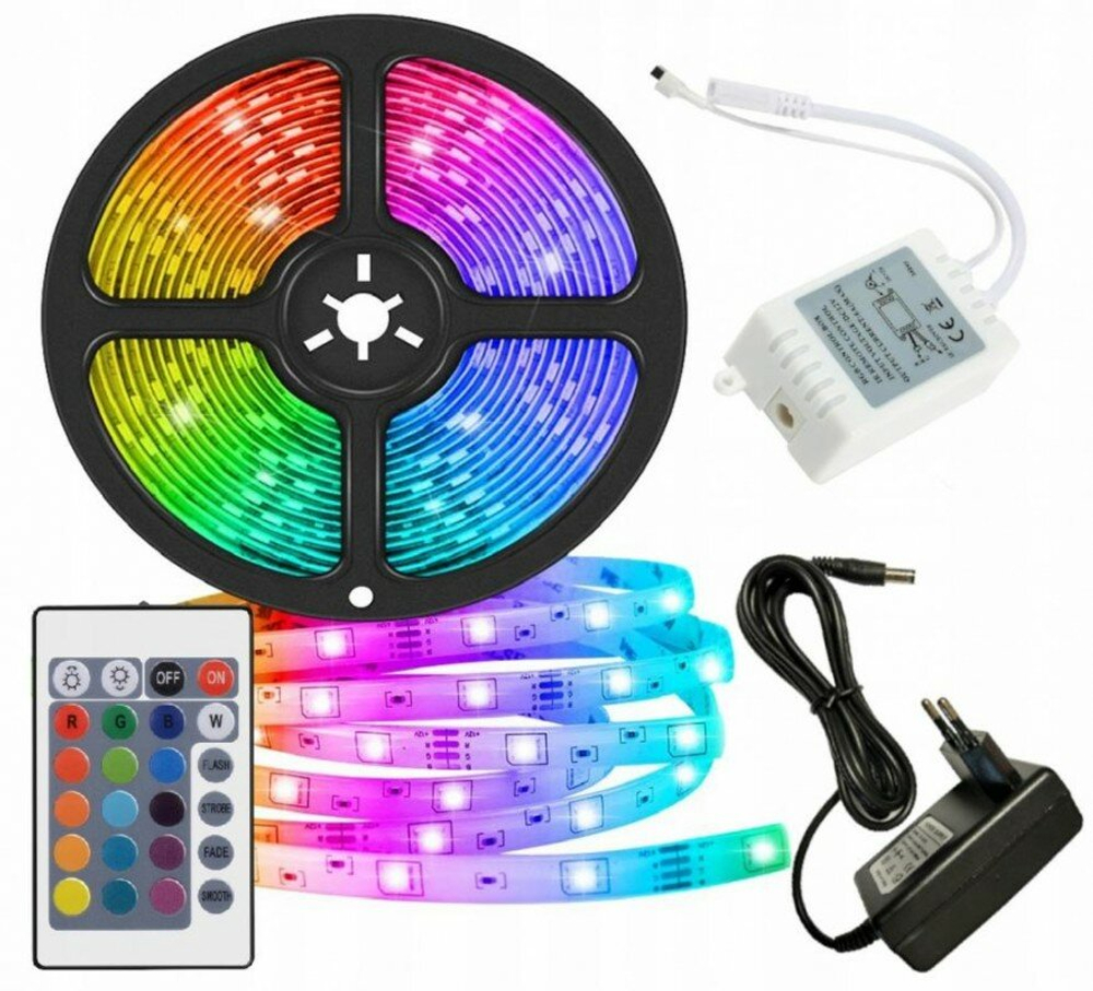 Светодиодная многоцветная RGB лента, 5 м. с блоком питания и пультом