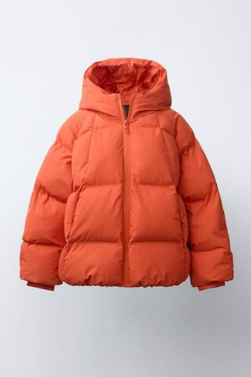 ZARA СТЕГАНАЯ КУРТКА С КАПЮШОНОМ WATER REPELLENT, ОРАНЖЕВЫЙ