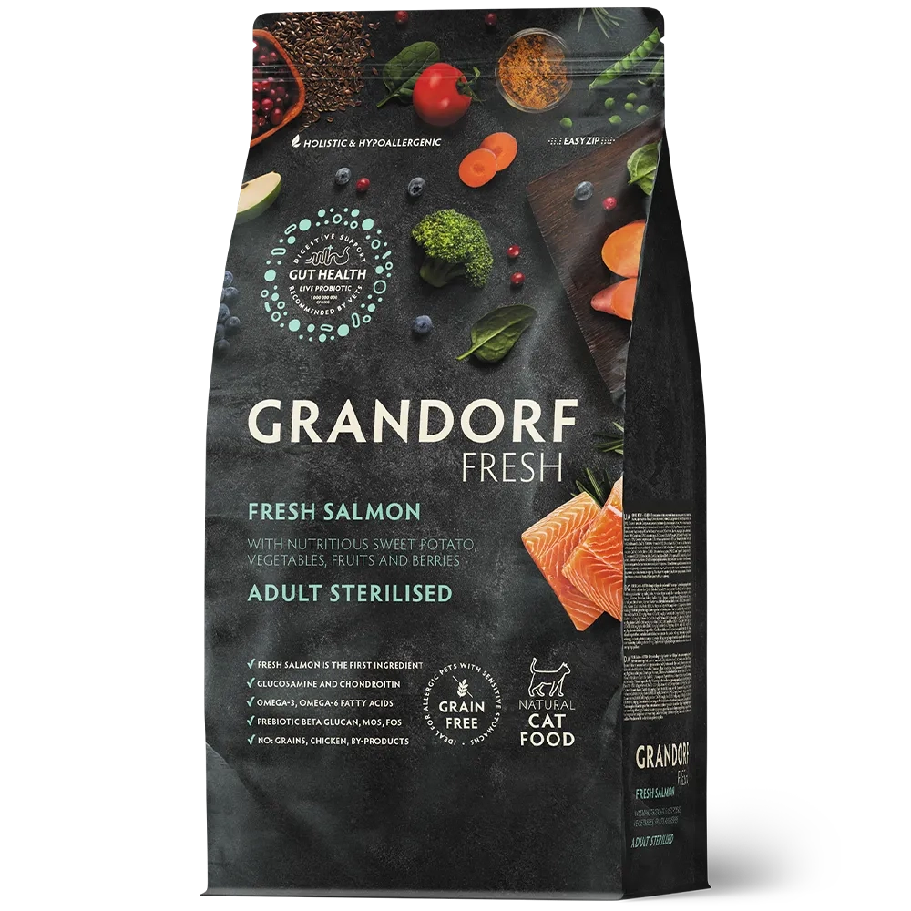Grandorf Fresh, Fresh Salmon, Adult Sterilised для стерилизованных или пожилых кошек (Свежее филе лосося с бататом)