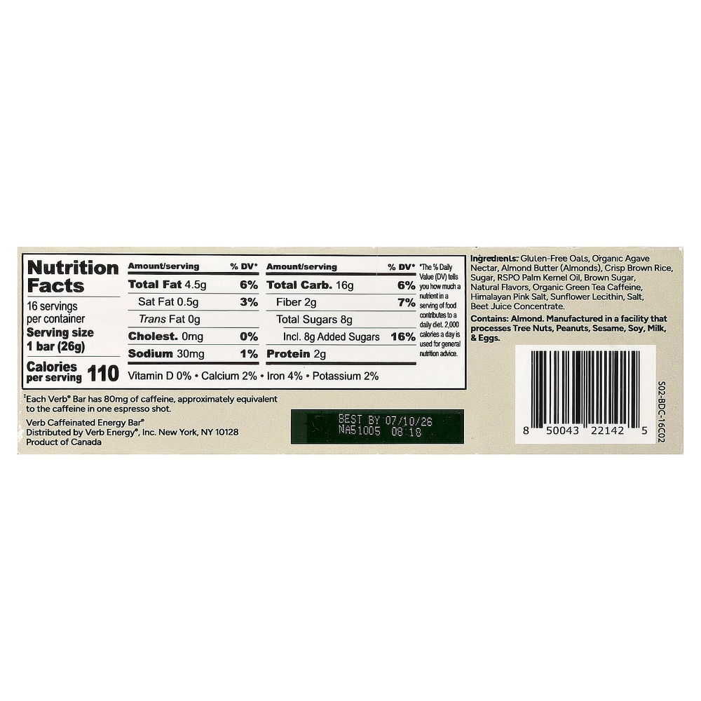Verb Energy, Caffeinated Energy Bars, Birthday Cake, 16 Bars, 0.92 oz (26 g) Each