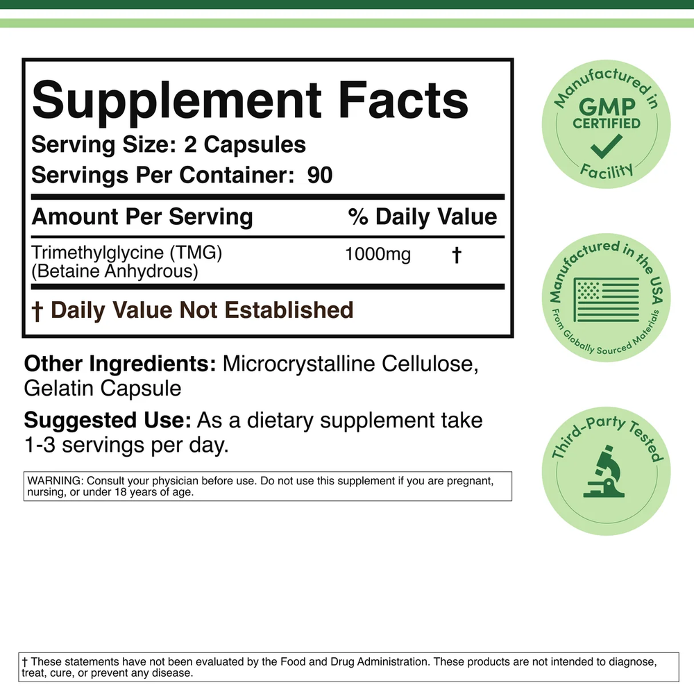 Double Wood Supplements - Trimethylglycine (TMG) - 180 x 500 mg capsules