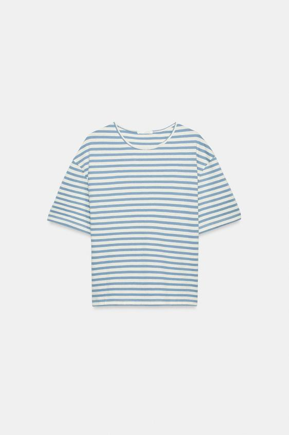 ZARA ФУТБОЛКА В ПОЛОСКУ С КОРОТКИМИ РУКАВАМИ, ЭКРЮ/СИНИЙ