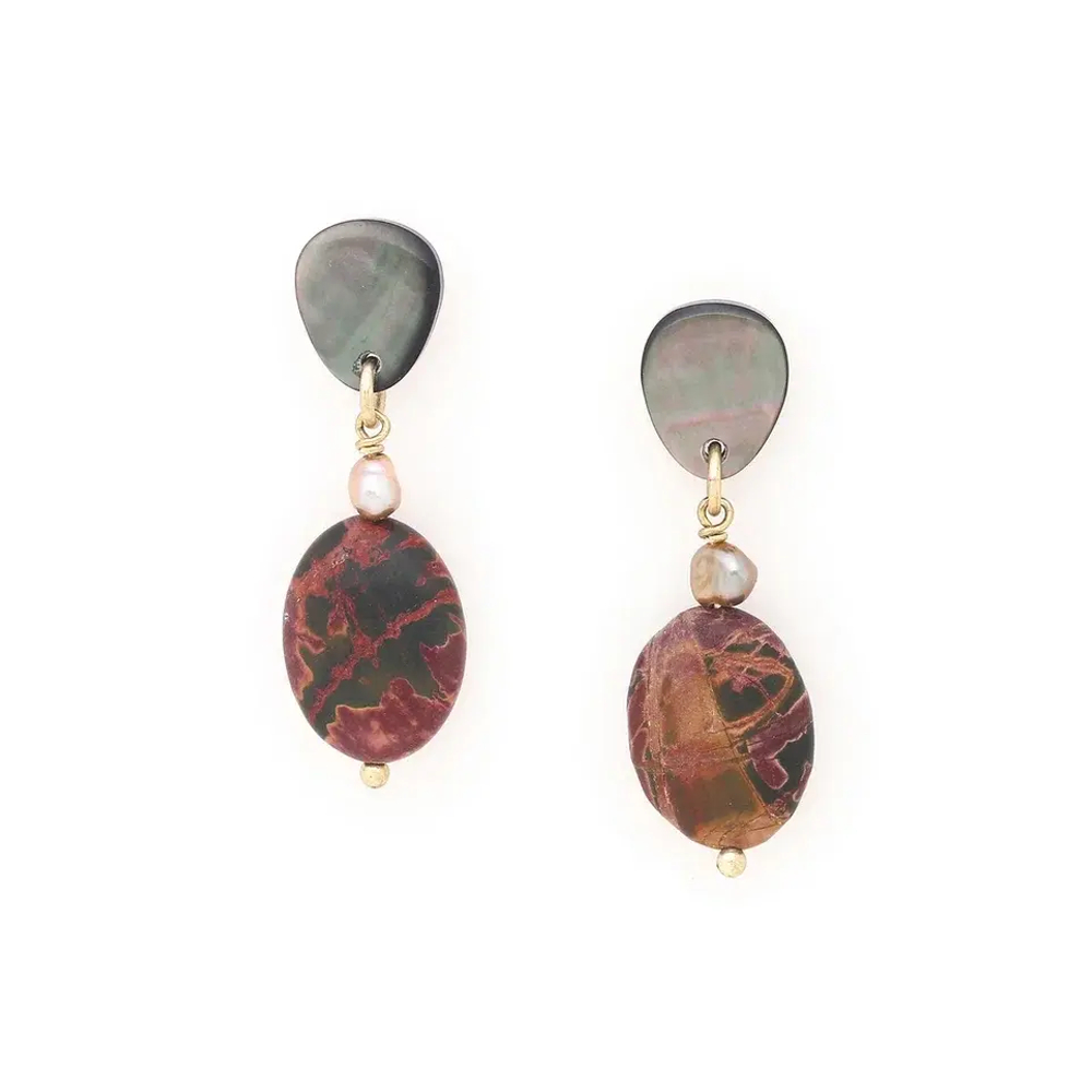 Серьги Nature Bijoux, L'ile Rousse, с перламутром, жемчугом и яшмой "Пикассо", NB25.2-12-90423 (кори