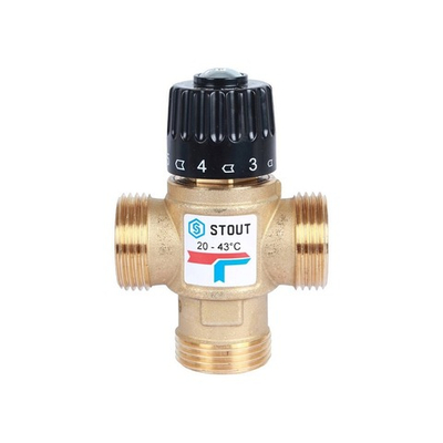 Клапан термостатический смесительный STOUT - 1" (НР, 20-43°C, Kvs 1.6, L-образное смешивание)