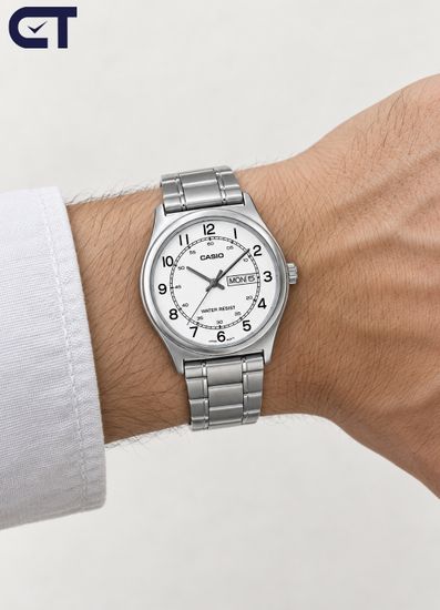 CASIO MTP-V006D-7B2 CASIO Collection мужские наручные часы — светлый циферблат, индикация даты и классический стальной браслет