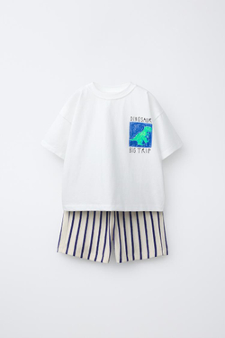 ZARA КОМПЛЕКТ ДЖОГГЕРЫ, ФУТБОЛКА И ШОРТЫ С ДИНОЗАВРОМ, СИНИЙ/БЕЛЫЙ