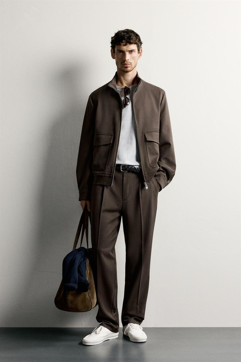 ZARA БРЮКИ SLIM FIT СО СКЛАДКАМИ, КОРИЧНЕВЫЙ