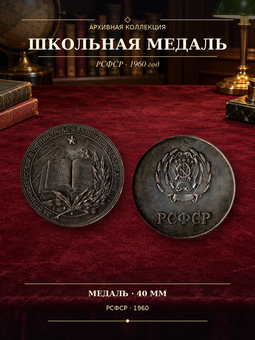 Школьная медаль РСФСР 1960 год (герб без звезды, разн. 1 - звездочка указывает на начало И) 40 мм.
