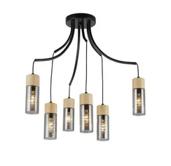 Люстра потолочная Rilon 74803/6 BLACK+WOOD, 6×40 Вт, чёрная и древесная