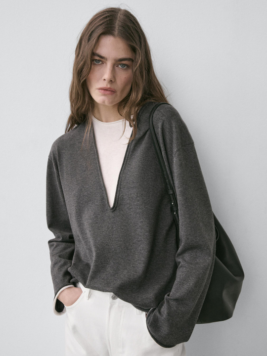 Massimo Dutti Свитер из смесового хлопка с контрастной отделкой, маренго