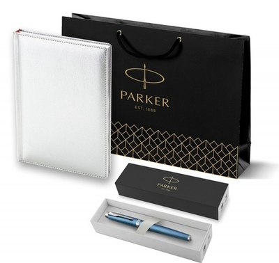 Подарочный набор: Ручка роллер Parker IM Premium T318 Blue Grey CT, цвет чернил черный и  ежедневник серебристого цвета