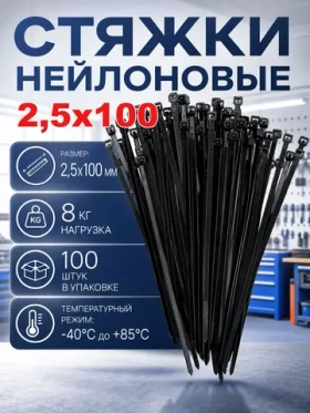 Стяжки пластиковые (хомуты) 2,5*100 черные, нейлоновые,100 штук