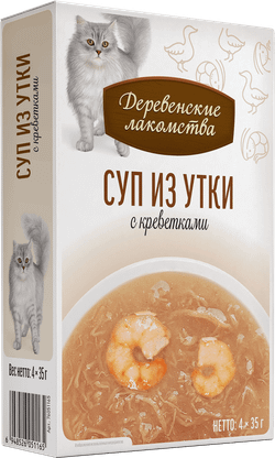 Деревенские лакомства консервы д/кошек «Суп из утки с креветкой», пауч 35гр*4шт