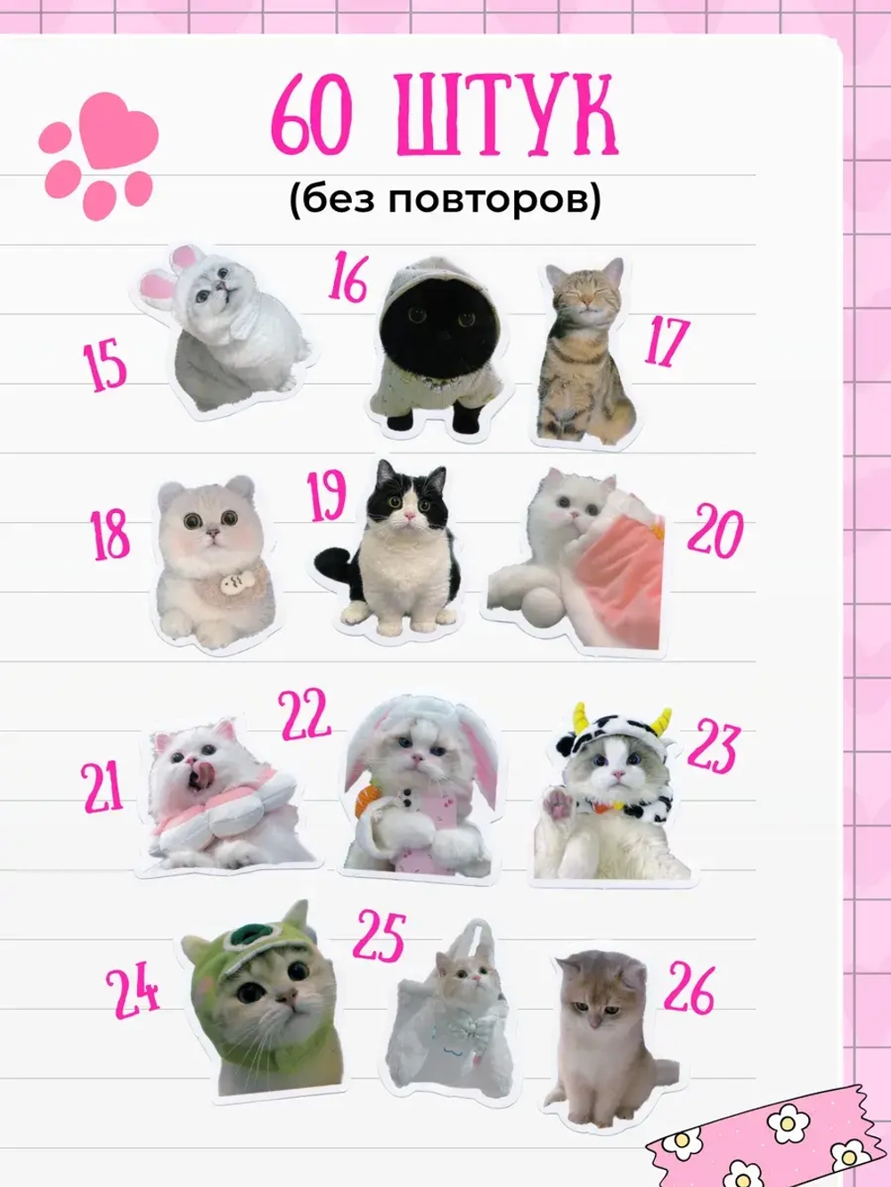 Наклейки милые мемные котики 60 шт