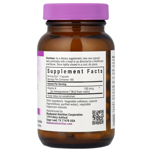 Bluebonnet Nutrition, Витамин K2, 100 мкг, 100 растительных капсул