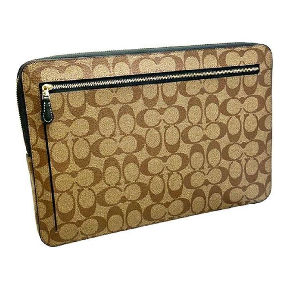 COACH Coated Canvas With Smooth Leather Clutch Laptop Bag Large Women"s Khaki
