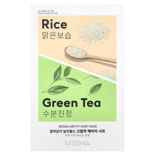 Missha, Airy Fit, тканевая маска, рис и зеленый чай, 10 шт. по 19 г (0,67 унции)