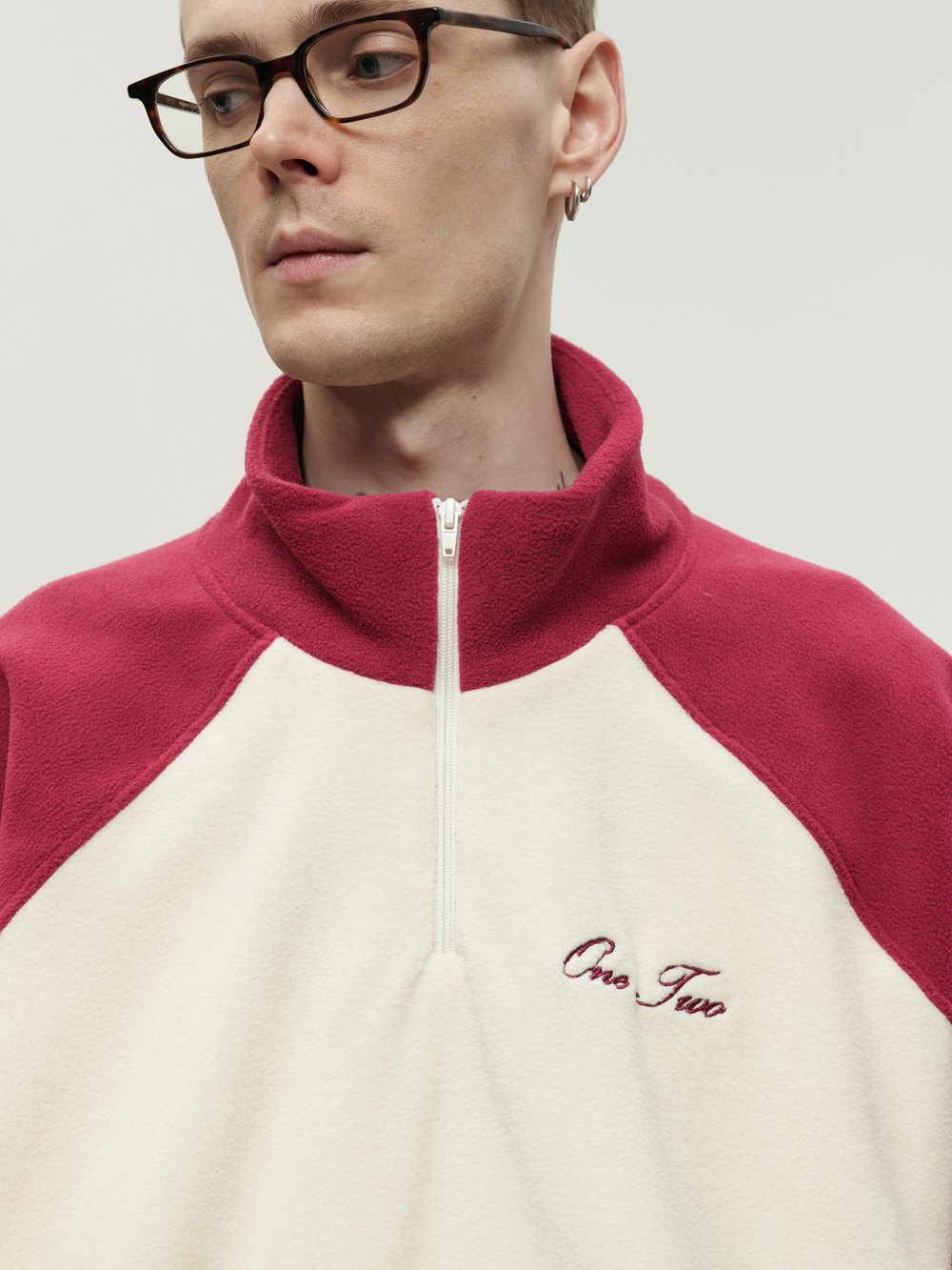 Drawstring Half-Zipped Sweatshirt Raspberry - Cream