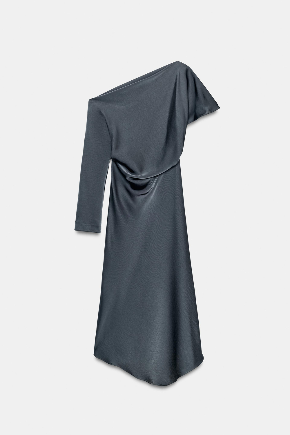 ZARA АТЛАСНОЕ ПЛАТЬЕ МАКСИ АСИММЕТРИЧНОГО КРОЯ, СЕРЫЙ