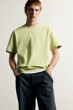 ZARA ФУТБОЛКА RELAXED FIT С КОНТРАСТНЫМИ ДЕТАЛЯМИ, ФИСТАШКОВЫЙ