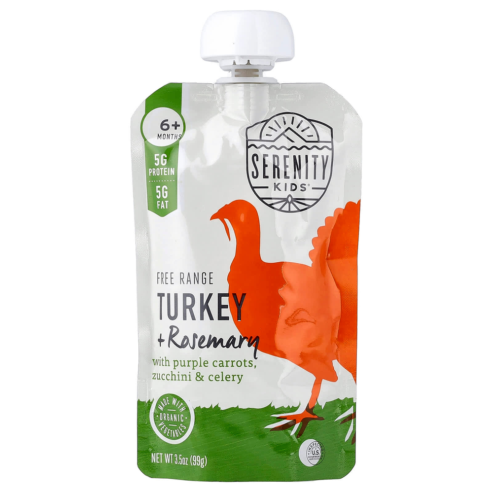 Serenity Kids, Free Range, индейка с розмарином, фиолетовая морковь, цукини и сельдерей, для детей от 6 месяцев, 6 паучей по 99 г (3,5 унции)