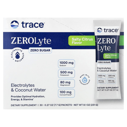 Trace, ZEROLyte, электролиты и кокосовая вода, со вкусом соленого цитруса, 30 пакетиков по 7,7 г (0,27 унции)