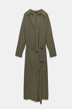 ZARA ПЛАТЬЕ МИДИ В КЛЕТКУ С ФУРНИТУРОЙ, ЗЕЛЕНЫЙ/СЕРЫЙ