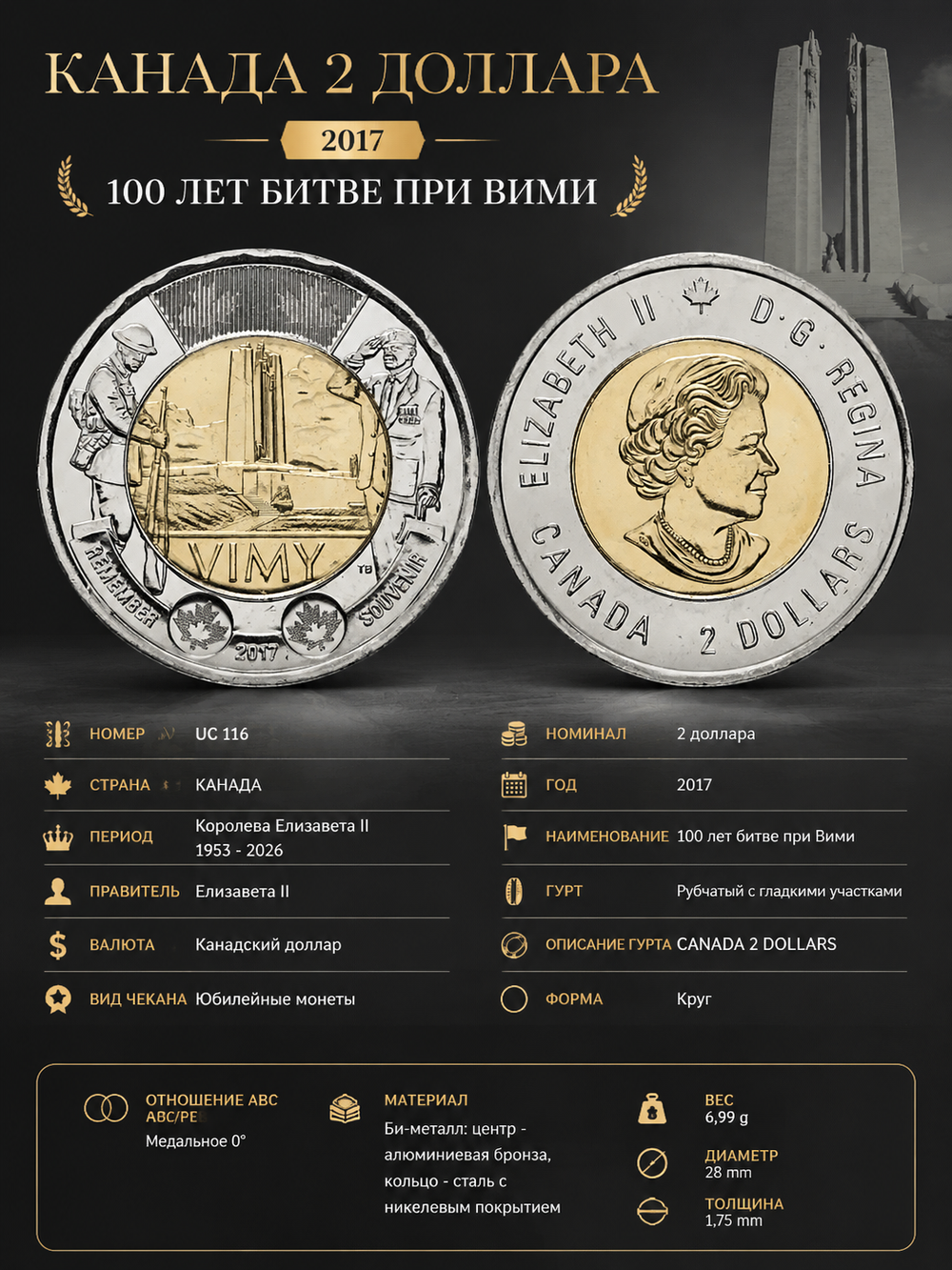 Канада 2 доллара, 2017 100 лет битве при Вими UNC