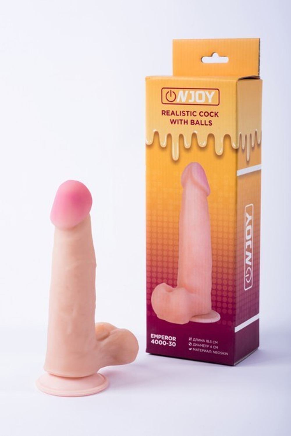 Реалистичный фаллоимитатор на присоске с мошонкой из кибер-кожи Onjoy Realistic Cock With Balls Emperor (Цвет: телесный)