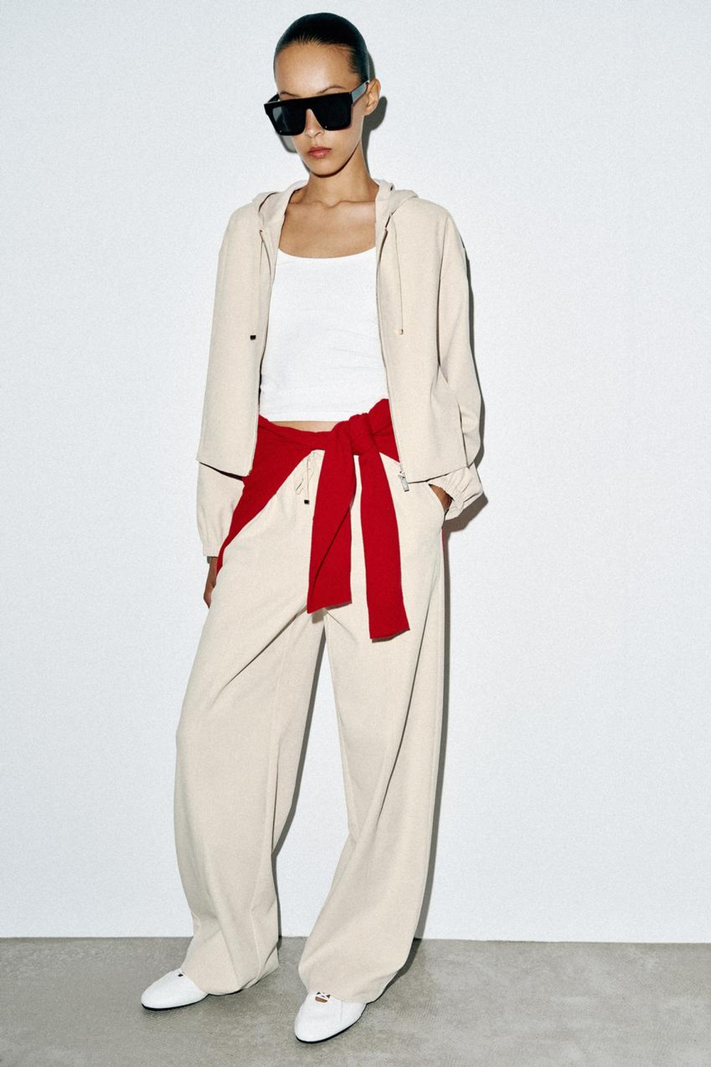ZARA ШИРОКИЕ БРЮКИ С ЭЛАСТИЧНЫМ ПОЯСОМ, ЭКРЮ